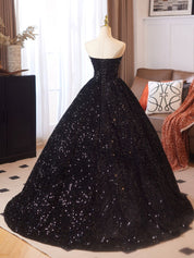 A-Line Velvet Sequin Black Long Prom Dress with Lace-Up Back
