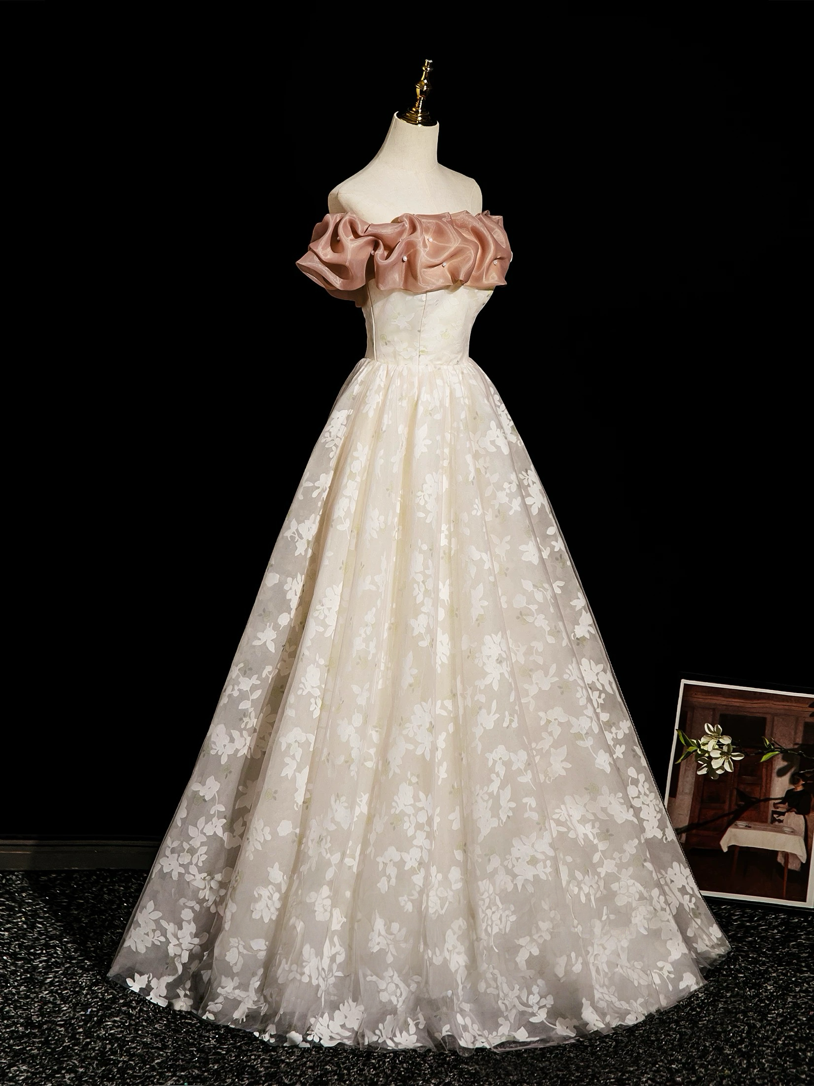 A-Line Off Shoulder Tulle Lace Champagne Long Prom Dress with Lace-Up Back