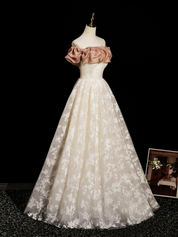 A-Line Off Shoulder Tulle Lace Champagne Long Prom Dress with Lace-Up Back