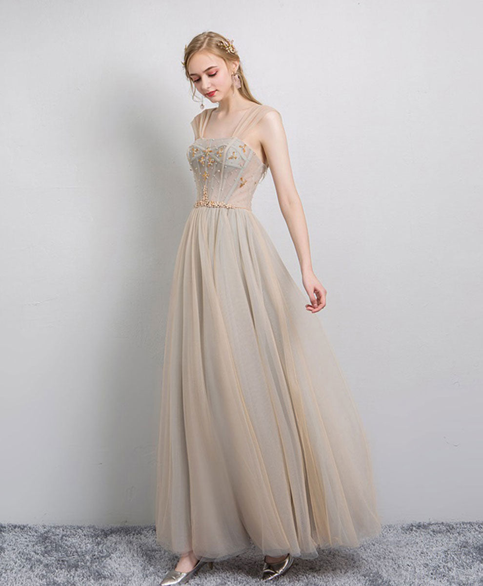 A-line Square Neck Floor-Length Tulle Prom Dress with Beaded Waist