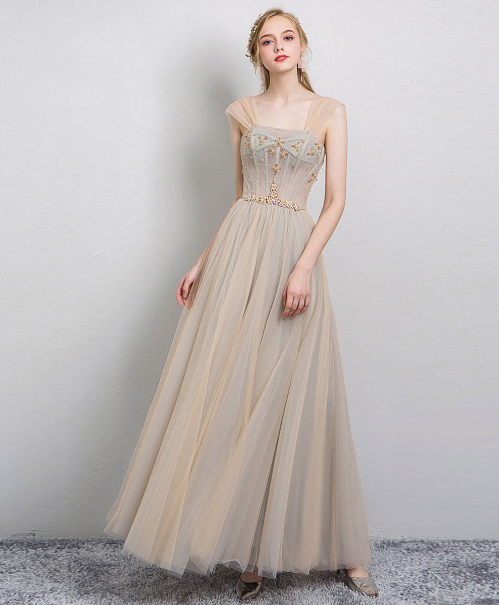 A-line Square Neck Floor-Length Tulle Prom Dress with Beaded Waist