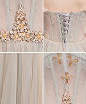 A-line Square Neck Floor-Length Tulle Prom Dress with Beaded Waist