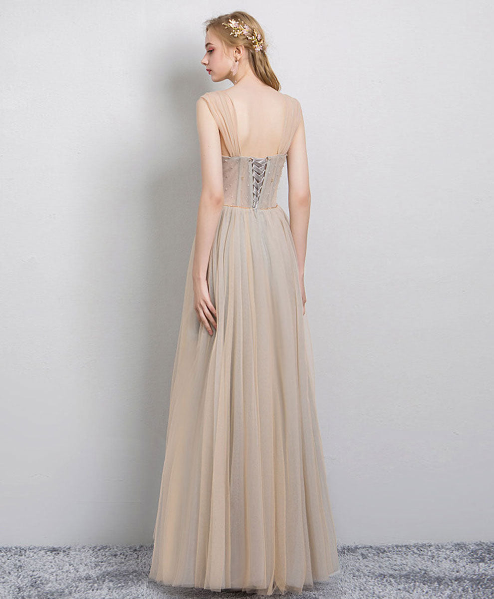 A-line Square Neck Floor-Length Tulle Prom Dress with Beaded Waist