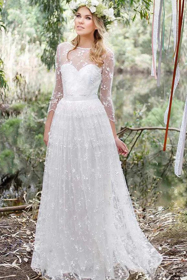 4 Length Sleeve A-Line Lace Appliques Low-V Back Wedding Dress