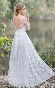 3/4 Length Sleeve A-Line Lace Appliques Low-V Back Wedding Dress