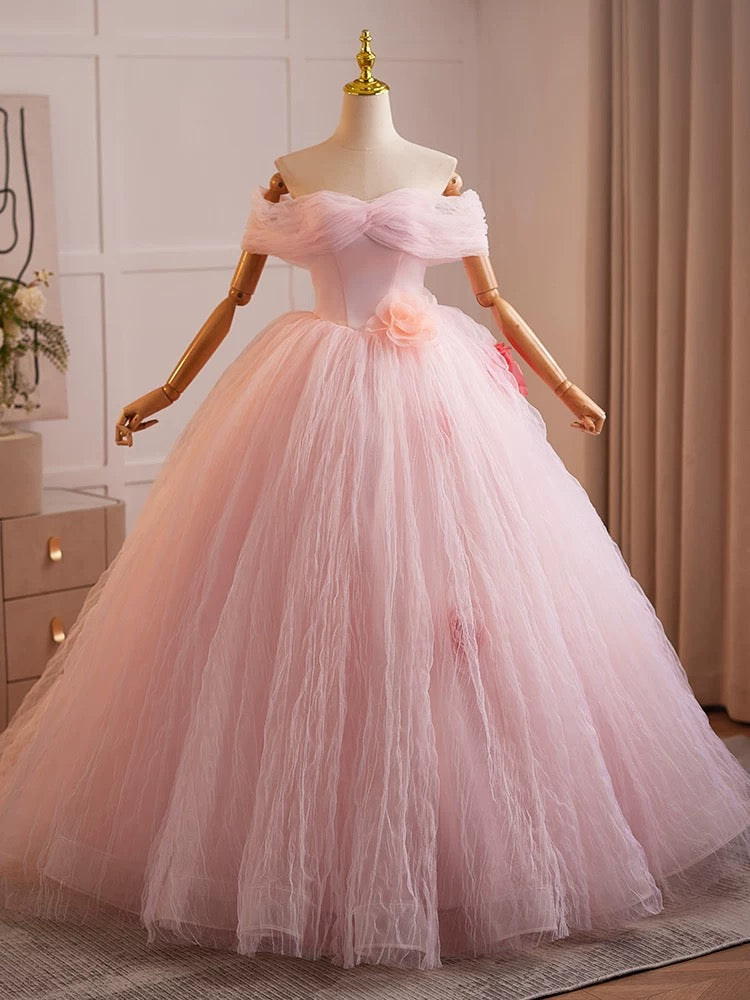A-Line Off Shoulder Tulle Pink Long Prom Dress, Pink Tulle Long Sweet 16 Dress