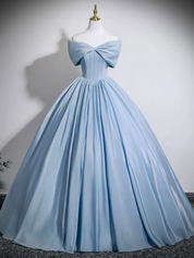 Ball Gown Off-the-Shoulder Floor-Length Water Satin Bow Prom Dress in Light Blue