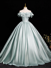 A-Line Off Shoulder Satin Light Green Long Prom Dress, Light Green Long Formal Dress