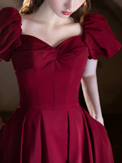 Burgundy Off-Shoulder Satin Ball Gown Prom Dress with Puff Sleeves