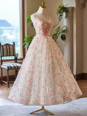 A-Line V Neck Flower Lace Tea Length Pink Prom Dress, Pink Formal Dress