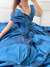 A-Line Off Shoulder Blue Long Prom Dress, Blue Long Formal Dress