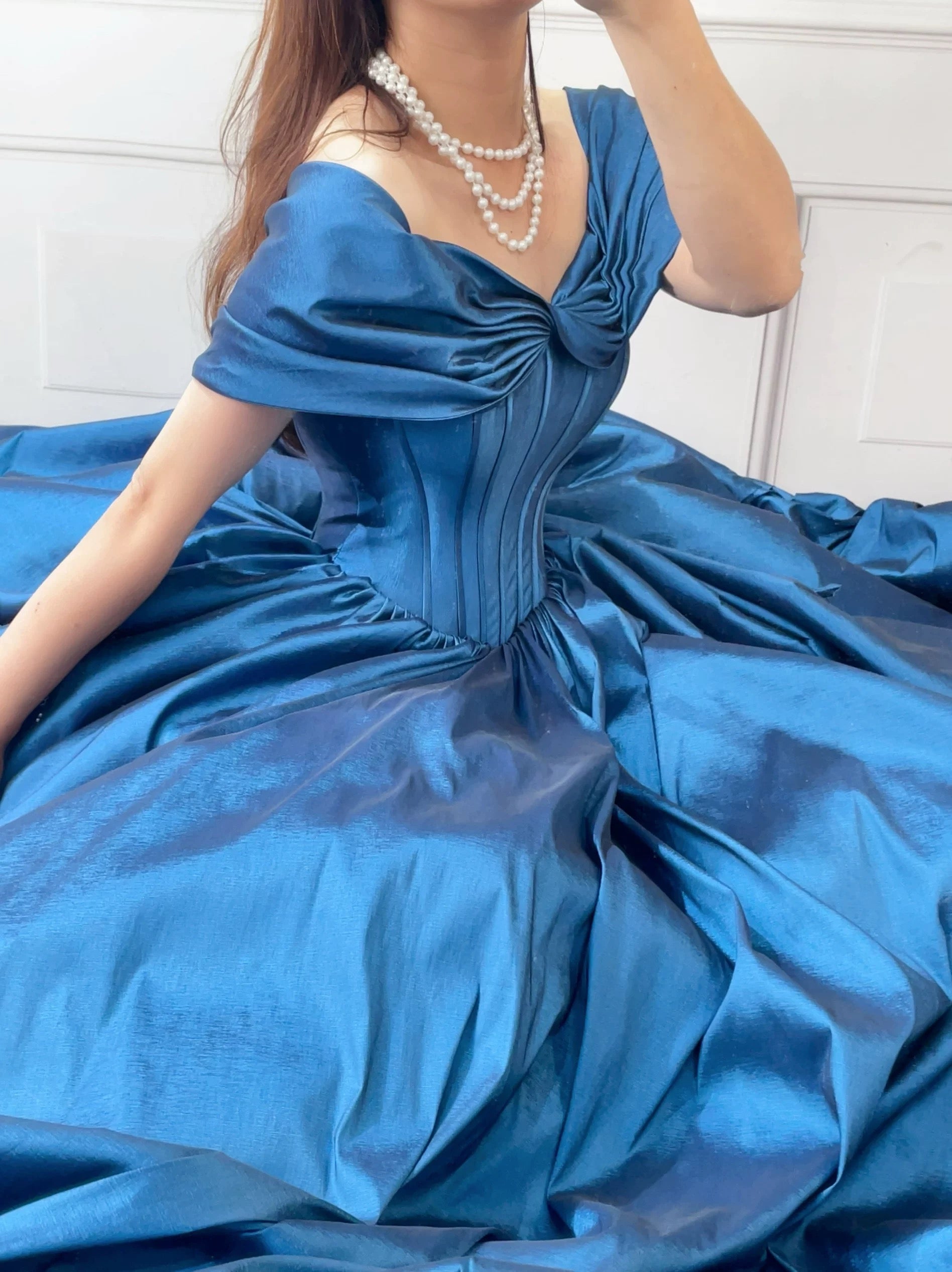 A-Line Off Shoulder Blue Long Prom Dress, Blue Long Formal Dress