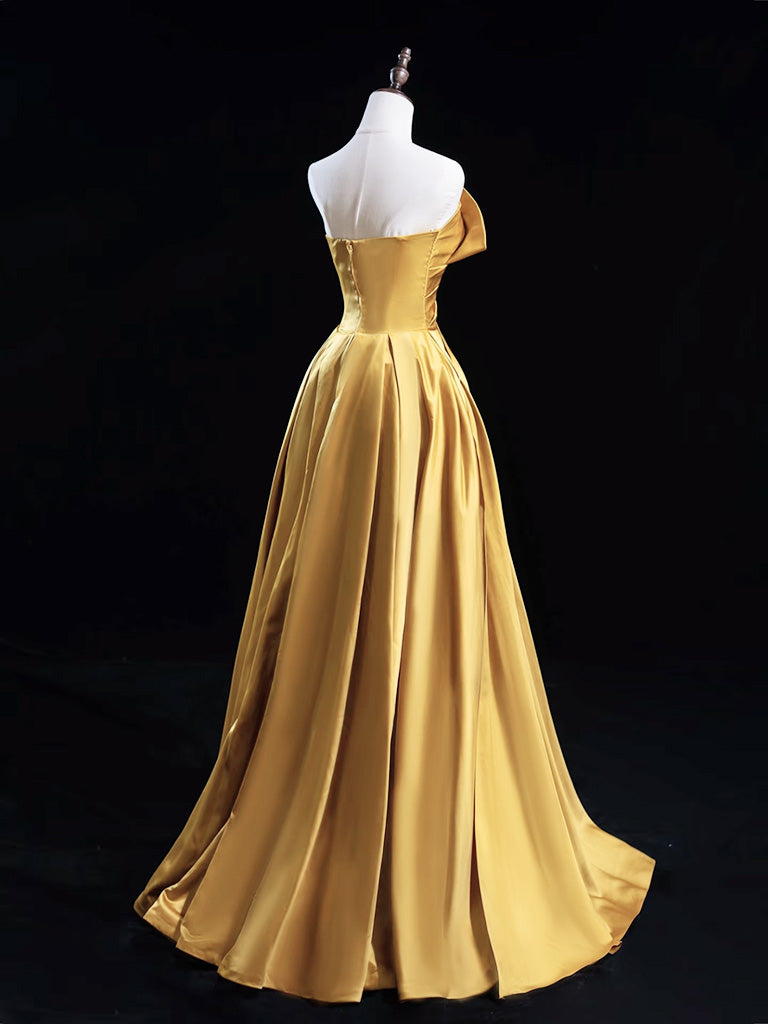 Gold A-Line Off-the-Shoulder Floor-Length Satin Prom Dress with Draped Bodice