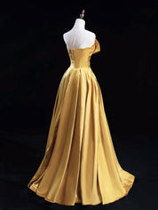 Gold A-Line Off-the-Shoulder Floor-Length Satin Prom Dress with Draped Bodice