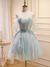 A-Line Off-the-Shoulder Knee-Length Light Blue Tulle Beaded Homecoming Dress with Sheer Sleeves