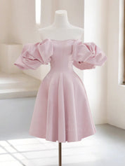 A-Line Off Shoulder Satin Pink Short Prom Dress, Pink Homecoming Dress