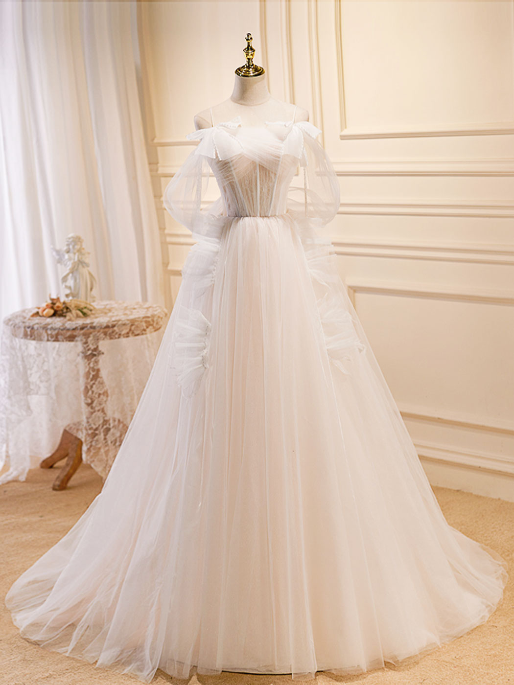 A-Line Off-the-Shoulder Floor-Length Ivory Tulle Prom Dress with Sheer Lace Corset Bodice