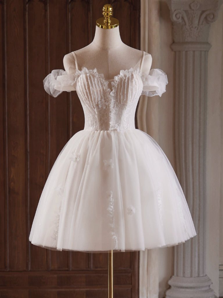 A-Line Ivory Off-the-Shoulder Short/Mini Tulle & Lace Homecoming Dress with Delicate Lace Appliqué