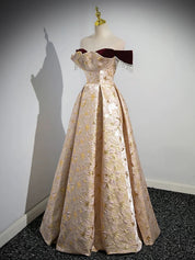 A-Line Off-Shoulder Champagne Satin Long Prom Dress