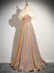A-Line Off Shoulder Sequin Gold Pink Long Prom Dress, Sequin Evening Dress