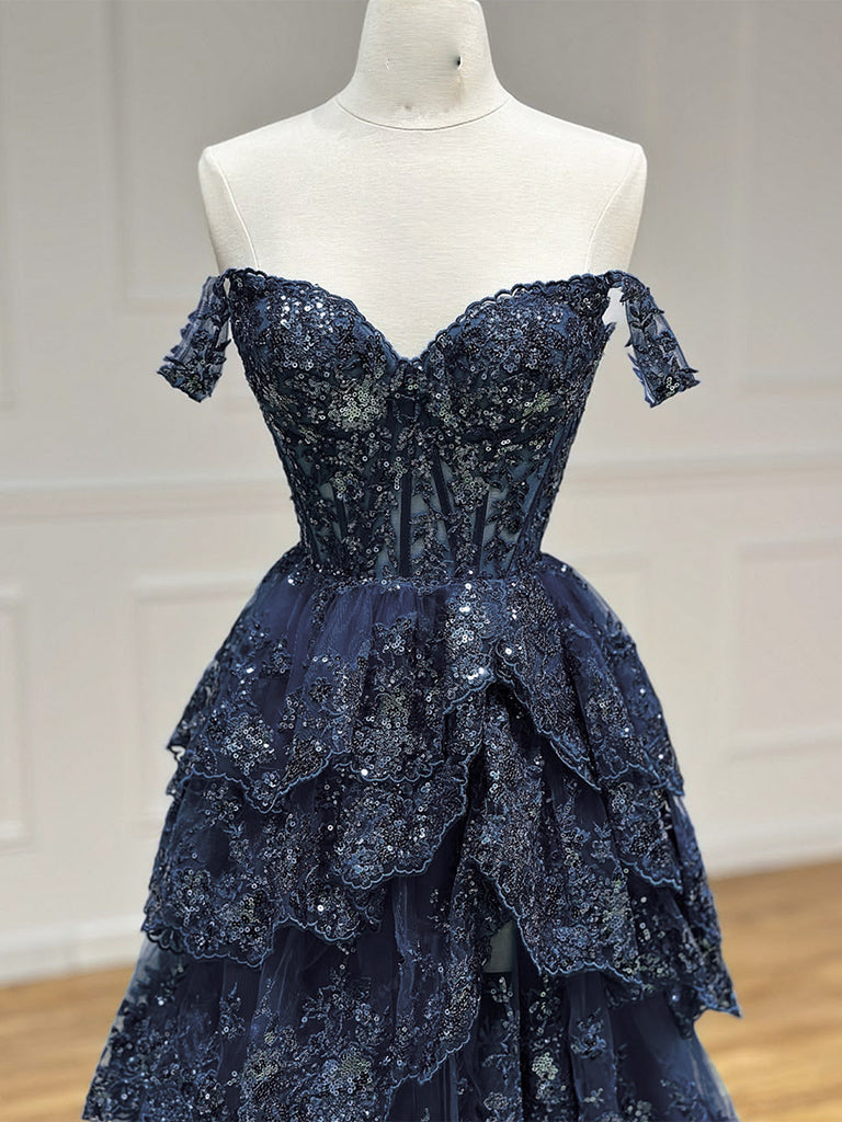 Navy Blue Ball Gown Sweetheart Floor-Length Tulle Prom Dress with Tiered Lace Appliqué