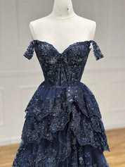 Navy Blue Ball Gown Sweetheart Floor-Length Tulle Prom Dress with Tiered Lace Appliqué