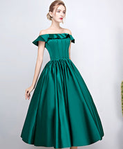 A-Line Off-the-Shoulder Tea-Length Satin Homecoming Dress with Ruffled Neckline