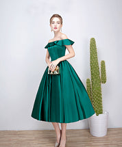 A-Line Off-the-Shoulder Tea-Length Satin Homecoming Dress with Ruffled Neckline