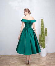 A-Line Off-the-Shoulder Tea-Length Satin Homecoming Dress with Ruffled Neckline