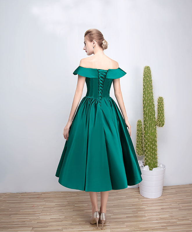 A-Line Off-the-Shoulder Tea-Length Satin Homecoming Dress with Ruffled Neckline