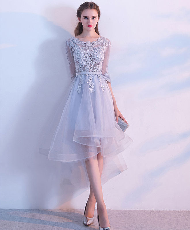 A-Line Scoop Neck High-Low Tulle Dress with Floral Lace Appliqué Homecoming Dress