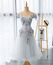 A-Line Off-the-Shoulder Tea-Length Tulle & Lace Homecoming Dress with 3D Floral Appliqué