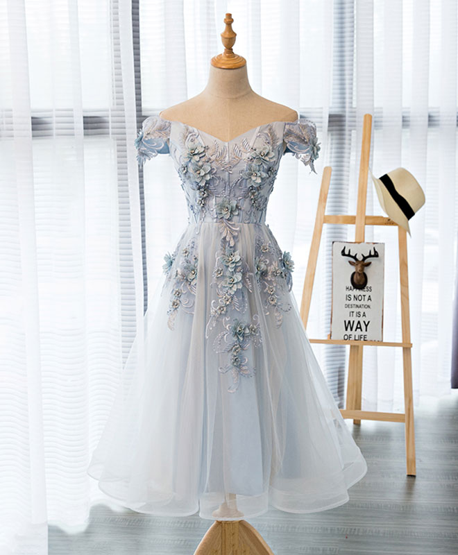 A-Line Off-the-Shoulder Tea-Length Tulle & Lace Homecoming Dress with 3D Floral Appliqué