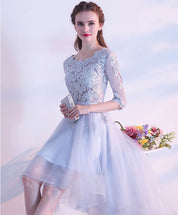 A-Line Scoop Neck High-Low Tulle Dress with Floral Lace Appliqué Homecoming Dress