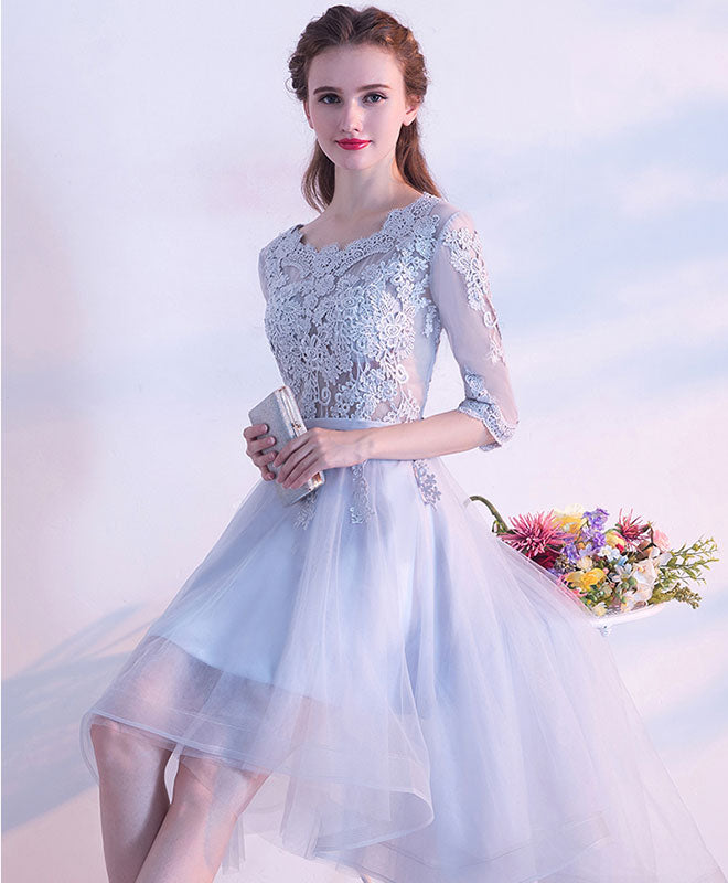 A-Line Scoop Neck High-Low Tulle Dress with Floral Lace Appliqué Homecoming Dress