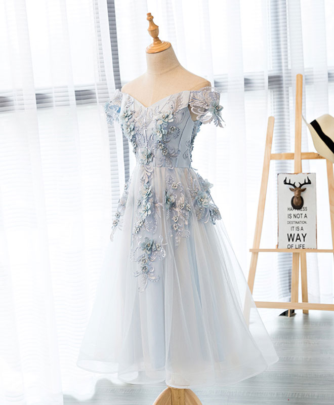 A-Line Off-the-Shoulder Tea-Length Tulle & Lace Homecoming Dress with 3D Floral Appliqué