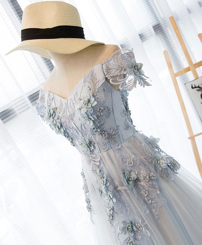 A-Line Off-the-Shoulder Tea-Length Tulle & Lace Homecoming Dress with 3D Floral Appliqué