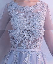 A-Line Scoop Neck High-Low Tulle Dress with Floral Lace Appliqué Homecoming Dress