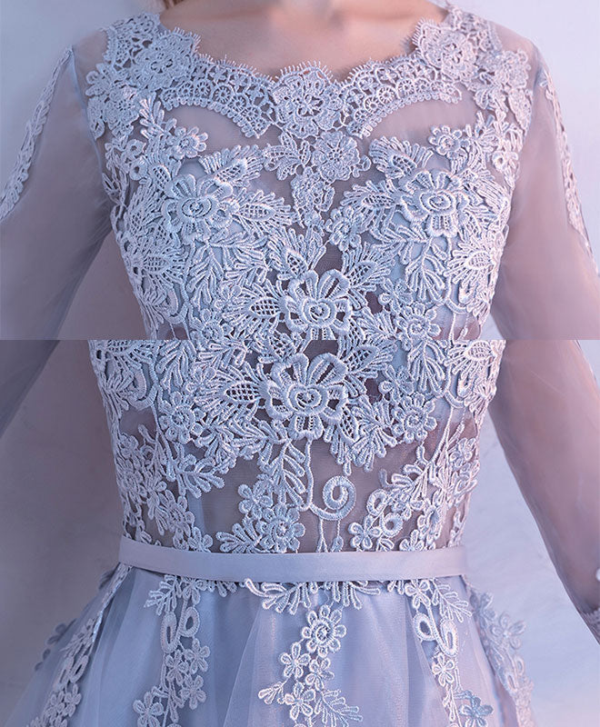 A-Line Scoop Neck High-Low Tulle Dress with Floral Lace Appliqué Homecoming Dress