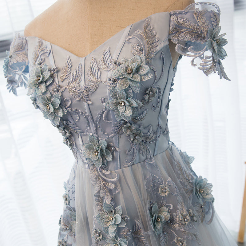 A-Line Off-the-Shoulder Tea-Length Tulle & Lace Homecoming Dress with 3D Floral Appliqué