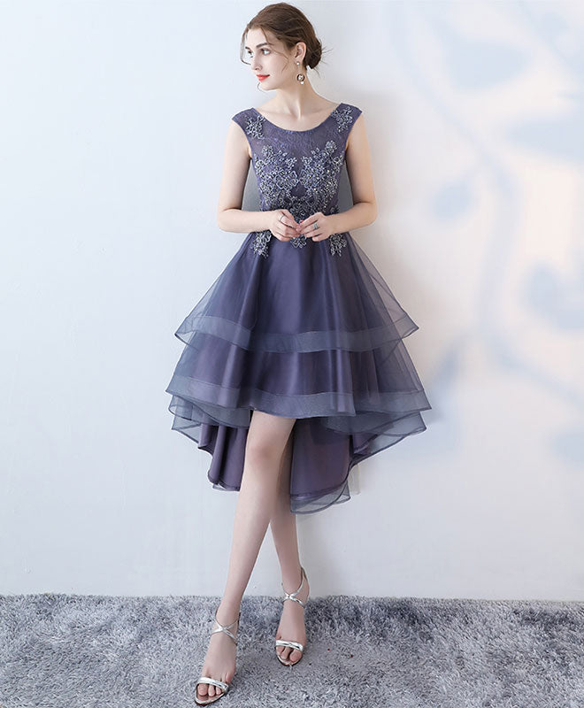 A-Line Scoop Neck High-Low Tulle Dress with Lace Appliqué Homecoming Dress