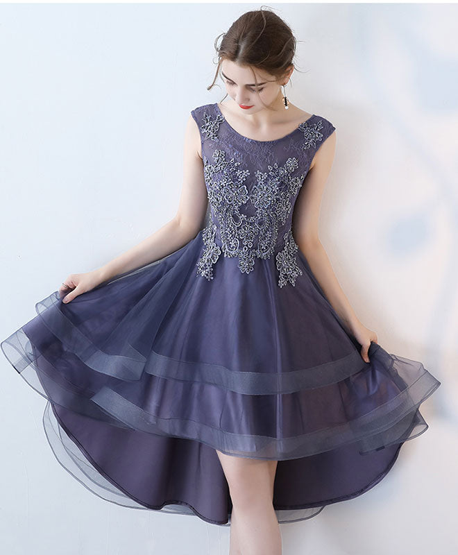 A-Line Scoop Neck High-Low Tulle Dress with Lace Appliqué Homecoming Dress
