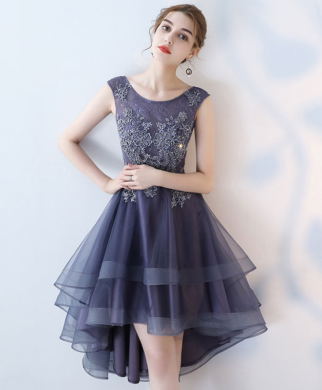 A-Line Scoop Neck High-Low Tulle Dress with Lace Appliqué Homecoming Dress