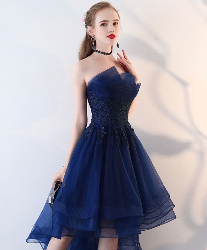 Strapless A-Line High-Low Tulle & Lace Homecoming Dress with Beaded Embellishments
