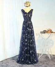 A-Line V-Neck Floor-Length Star Sequin Tulle Prom Dress