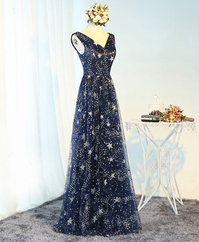 A-Line V-Neck Floor-Length Star Sequin Tulle Prom Dress