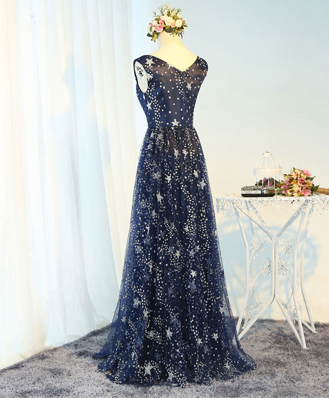 A-Line V-Neck Floor-Length Star Sequin Tulle Prom Dress