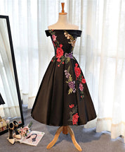 A-Line Off-the-Shoulder Tea-Length Satin & Lace Homecoming Dress with Floral Embroidery