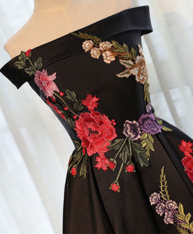 A-Line Off-the-Shoulder Tea-Length Satin & Lace Homecoming Dress with Floral Embroidery