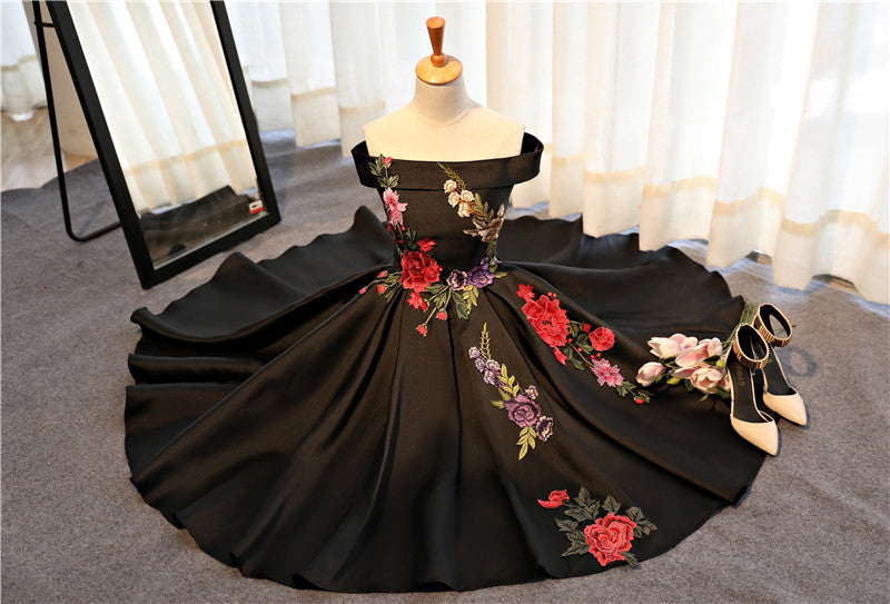 A-Line Off-the-Shoulder Tea-Length Satin & Lace Homecoming Dress with Floral Embroidery